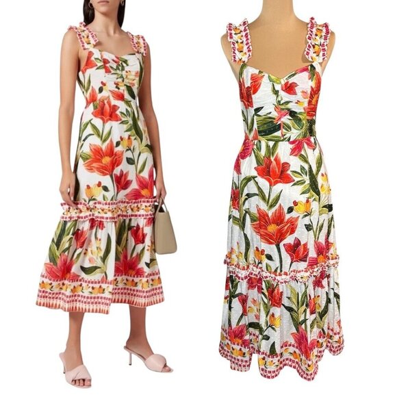 FARM Rio Dresses & Skirts - FARM RIO Cashew Floral Tiered Midi Dress Sz.M White Ruffle Garden Tropical
